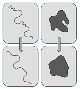 The diagram illustrates the process of shape simplification in cartographic generalization for linear and area features.The figure consists of four panels arranged in two columns and two rows, with downward-pointing arrows connecting the upper and lower panels.In the left column (linear feature), the upper panel shows a winding, irregular line with numerous small bends. The lower panel presents the same line in a simplified form, reduced to a less detailed and more angular shape.In the right column (area feature), the upper panel contains an irregular, complex shape with multiple indentations and recesses. The lower panel shows the same area in a simplified form, with smoother, less intricate boundaries and a more compact outline.