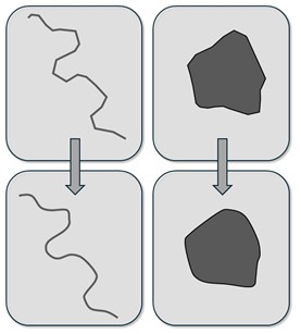 The diagram illustrates the process of smoothing in cartographic generalization for linear and area features.The figure consists of four panels arranged in two columns and two rows, with downward-pointing arrows connecting the upper and lower panels.In the left column (linear feature), the upper panel shows an irregular, angular line with sharp bends, while the lower panel presents the same line after smoothing, with a gentle, flowing course.In the right column (area feature), the upper panel contains a polygonal shape with sharp edges, while the lower panel shows the same area after smoothing, with a more rounded and continuous outline.Overall, the diagram illustrates the smoothing process, in which angularity is reduced and map features are transformed into more regular and visually continuous shapes.